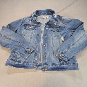 Working Title Denim Jacket Women Size M Blue Distressed Shredded Trucker Coat